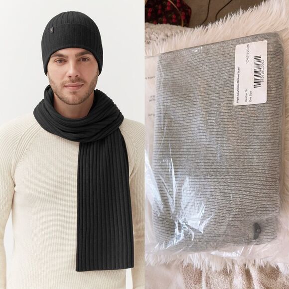 Cuyana Mens Wool Cashmere Ribbed Scarf Gray one size - Picture 1 of 6